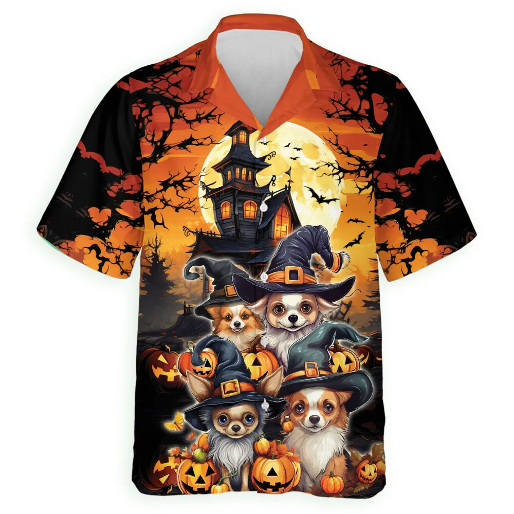 Halloween Cute Chichihua Men Hawaiian Shirt, Dog Lover Aloha Beach Button Down Shirts, Halloween Glowing Pumpkins Hawaiian Shirt, Forest Bat Top