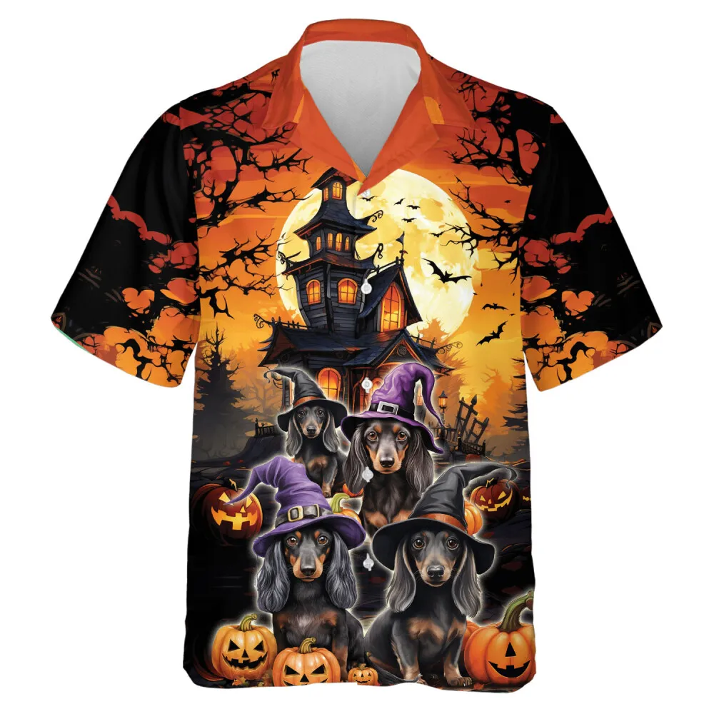 Halloween Dachshund Mens Hawaii Shirt, Dog Aloha Beach Shirts, Halloween Candled Pumpkins By Night With Bat Hawaiian Shirt