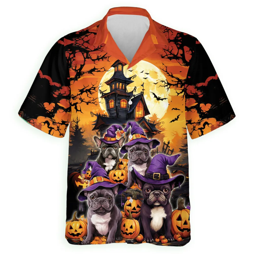Halloween French Bull Dog Men Hawaiian Shirt, Dog Aloha Beach Button Down Shirts, Halloween Candled Pumpkins By Night Forest Hawaiian Shirt