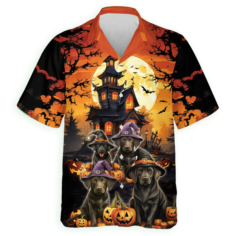 Halloween Labrador Retriever Men Hawaiian Shirt, Dog Lover Printed Aloha Shirts, Halloween Glowing Pumpkins By Night With Bat Hawaiian Shirt