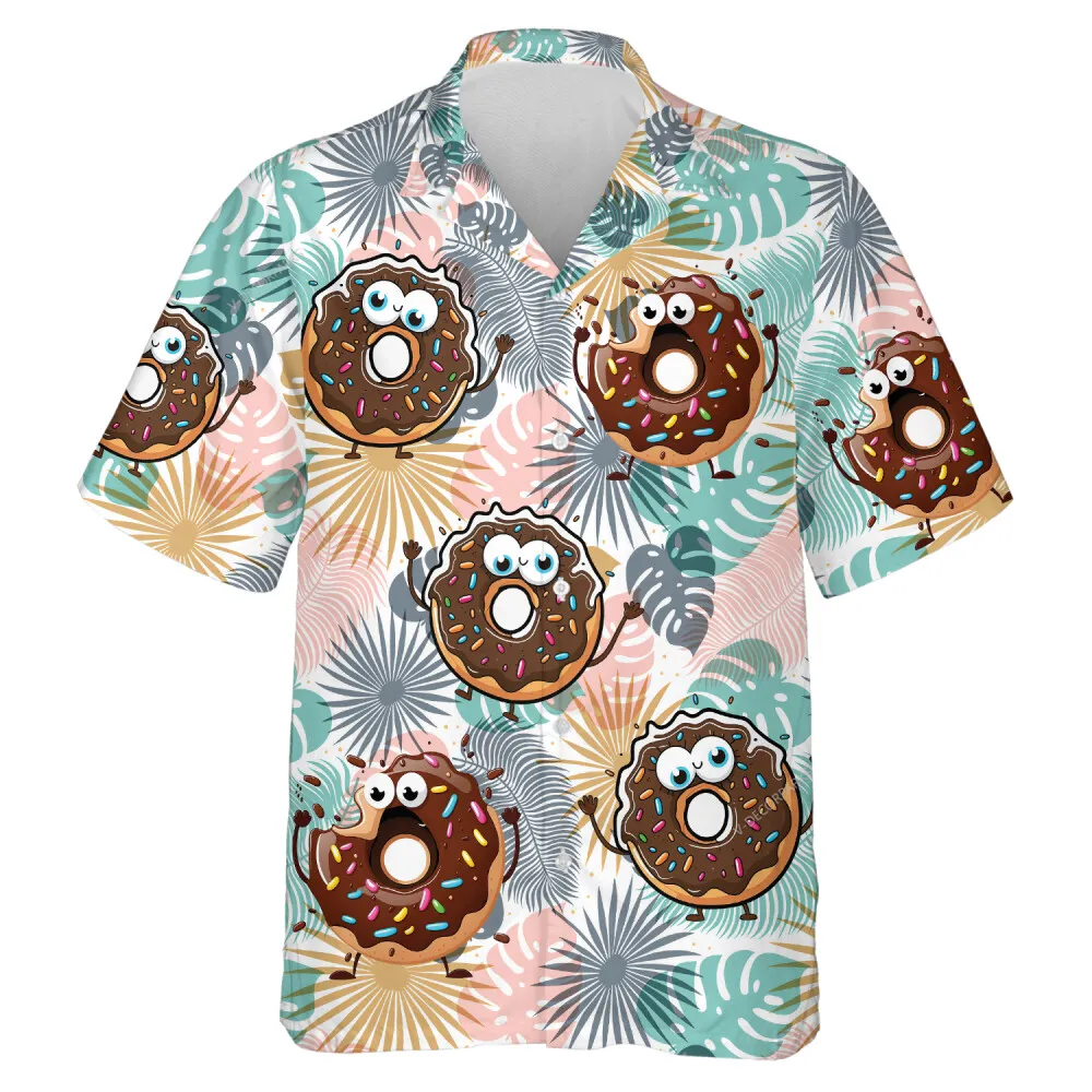 Funny Donuts Hawaiian Shirt For Men Women - Tropical Aloha Beach Shirts, Adorable Donut Expression Mens Button Down Shirt, Relaxed Wear
