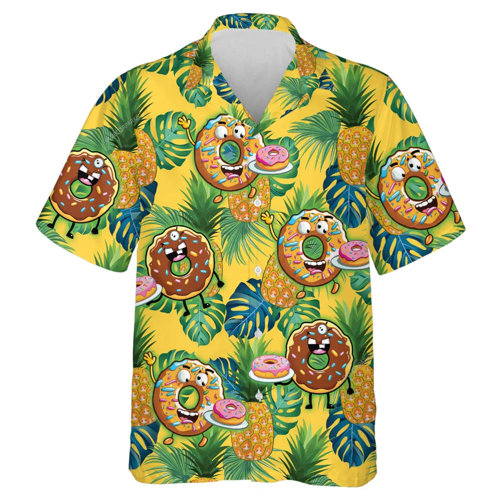 Cute Donuts Eating Donut Hawaiian Shirt For Men Women, Tropical Pineapple Aloha Beach Shirts, Uniquely Printed Mens Button Down Shirt