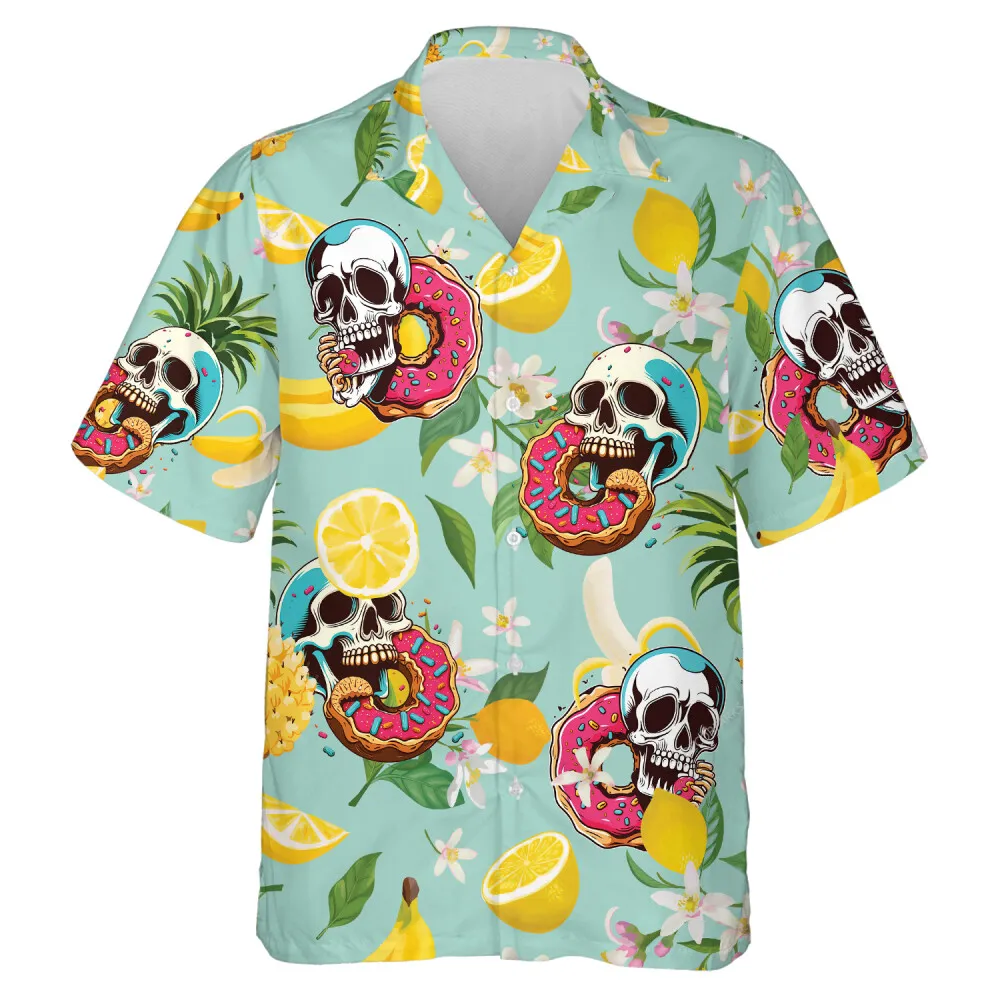 Skull Eating Donut Unisex Hawaii Shirt, Tropical Leaves Aloha Beach Shirts, Lemon Slices Patterned Mens Button Down Shirt
