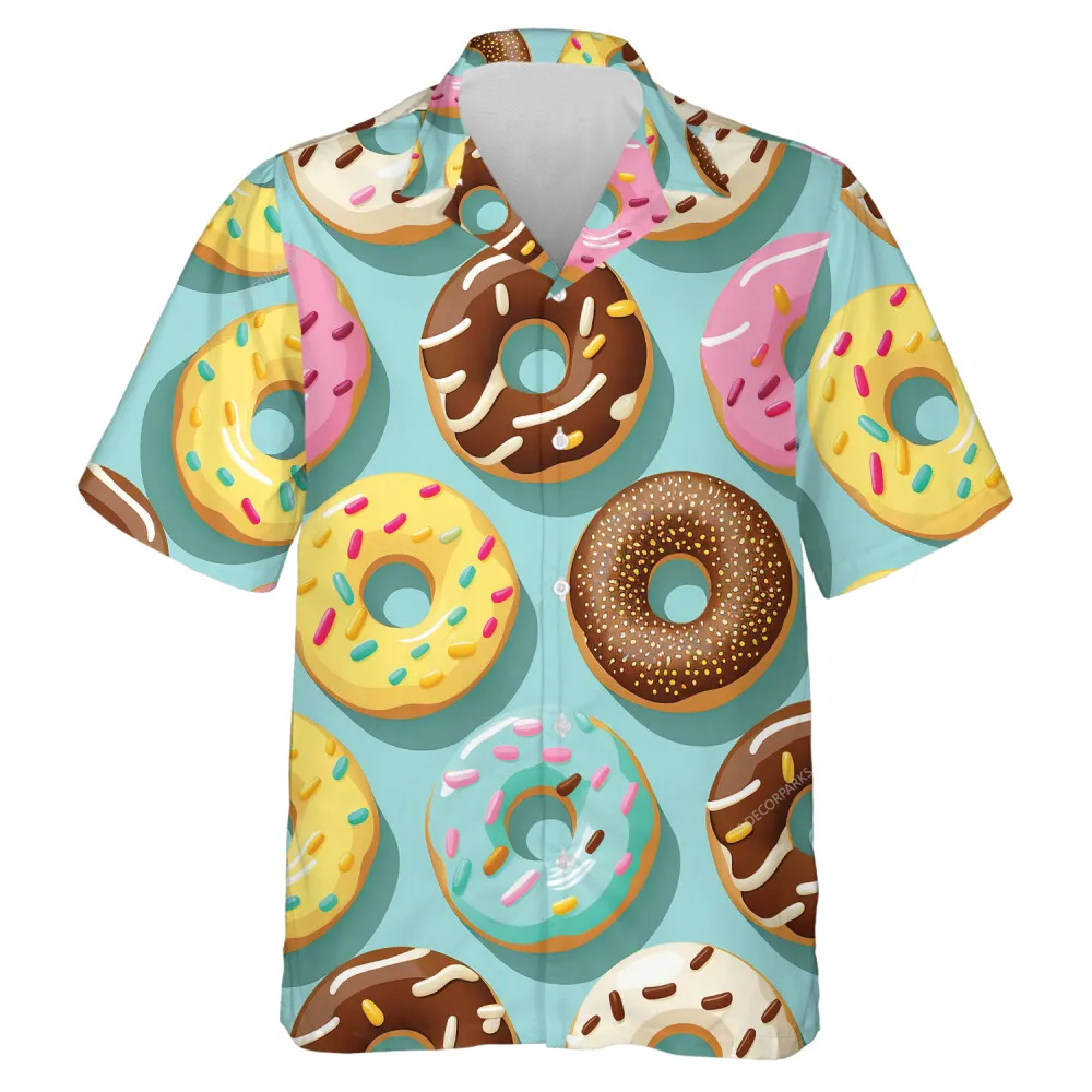 Traditional Donut Pattern Unisex Hawaiian Shirt, Food Pattern Aloha Beach Shirts, Men Woman Button Down Shirt, Summer Bachelor Party Shirt