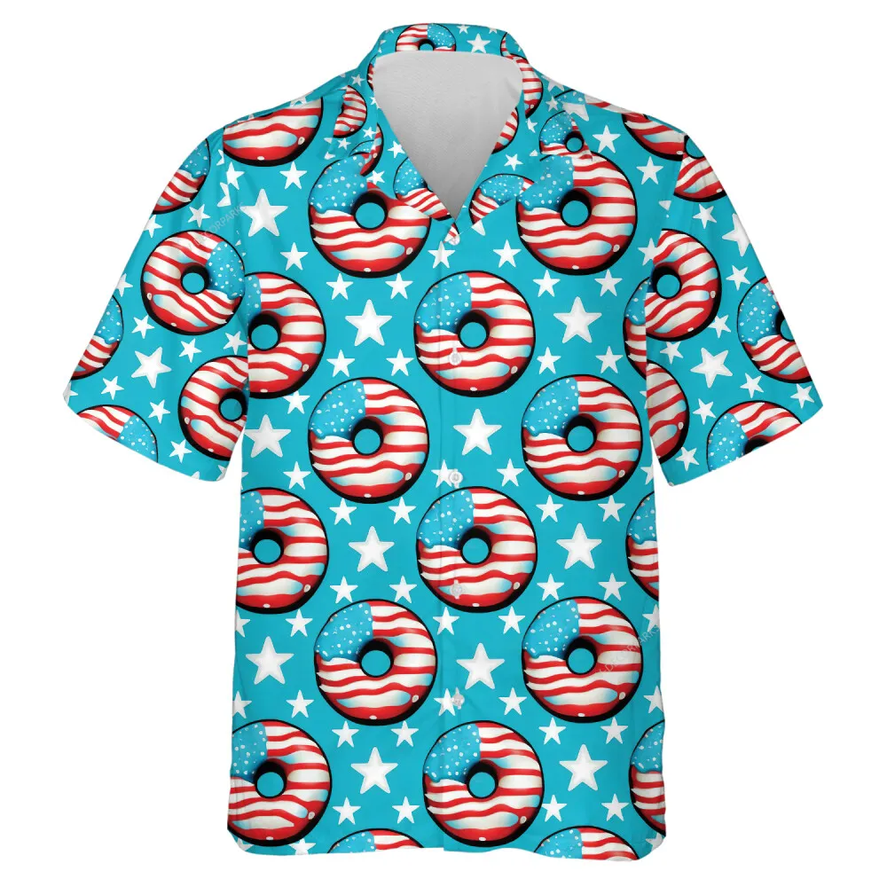 Usa Flag Patterned Donuts Hawaiian Shirt For Men Women, Star Pattern Aloha Beach Shirts, Starry Sky Mens Button Down Shirt, Independence Day Clothing