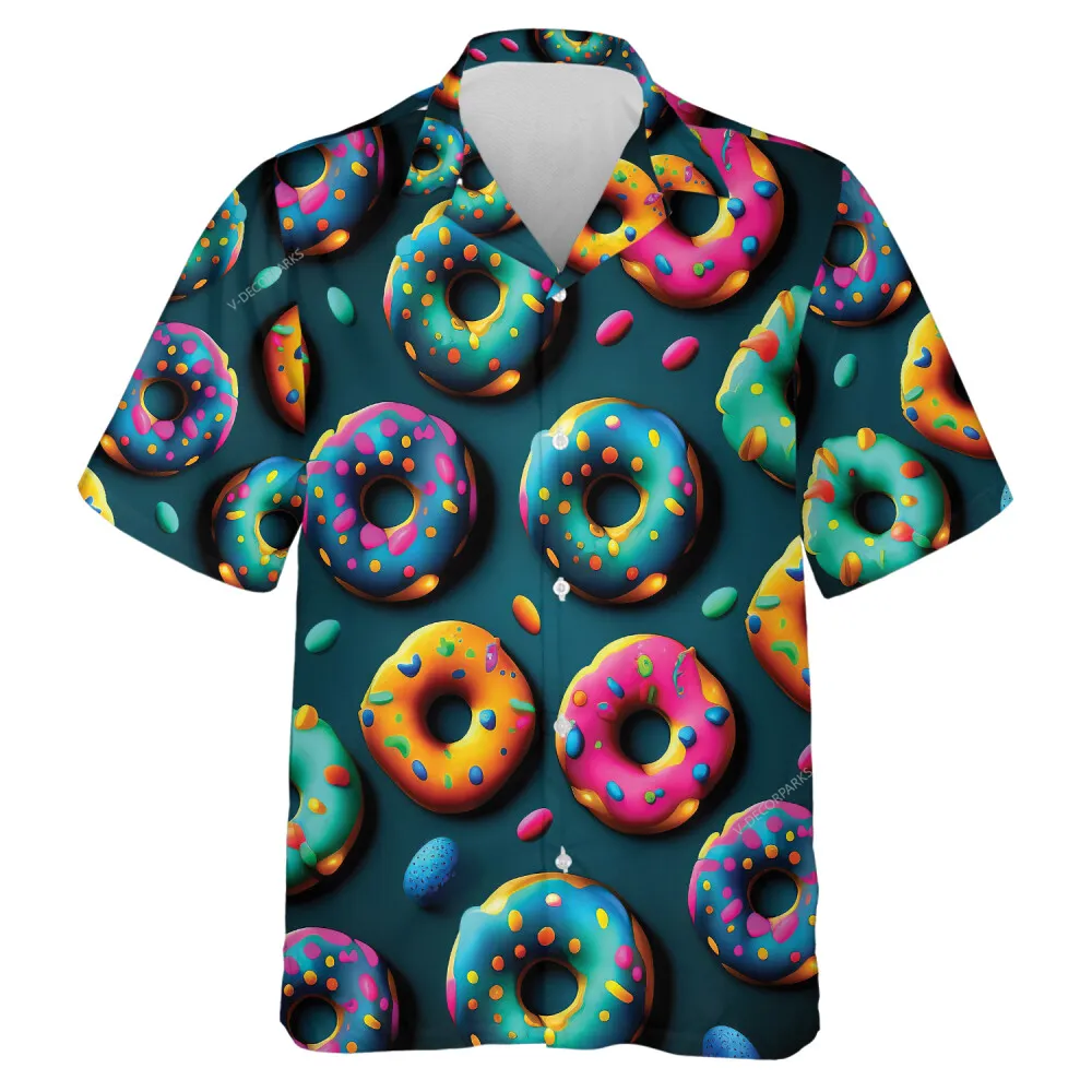 Colorful Donuts Unisex Hawaii Button Down Shirt, Donut Lover Aloha Beach Shirts, Hologram Hawaii Shirt, Casual Clothing For Everyone