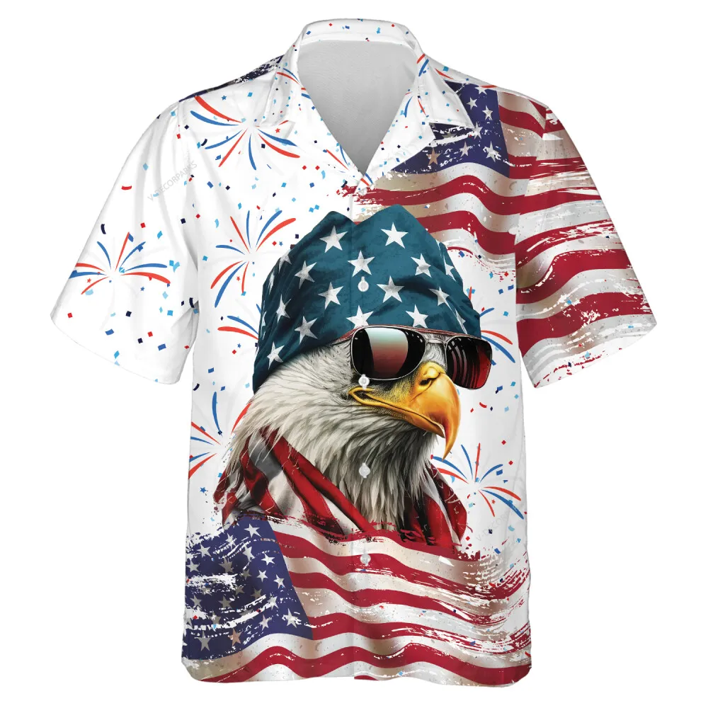 American Great Eagle Mens Hawaiian Shirt, Usa Flag Aloha Beach Shirts, Independence Day Mens Button Down Shirt, Firework Patterned Clothing