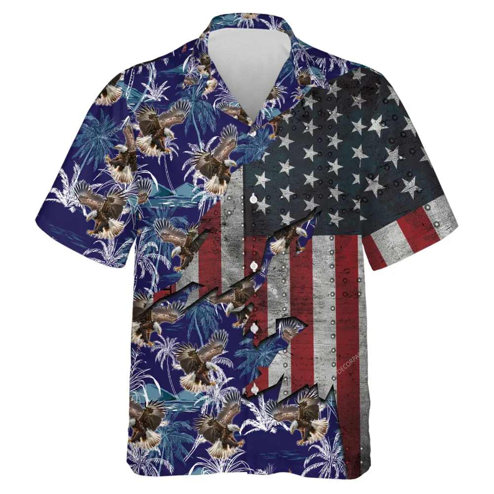Tropical Palm Eagle Hawaii Shirt For Men Women , American Flag Aloha Beach Shirts, Patriots Button Down Shirt, Independence Celebration Clothing