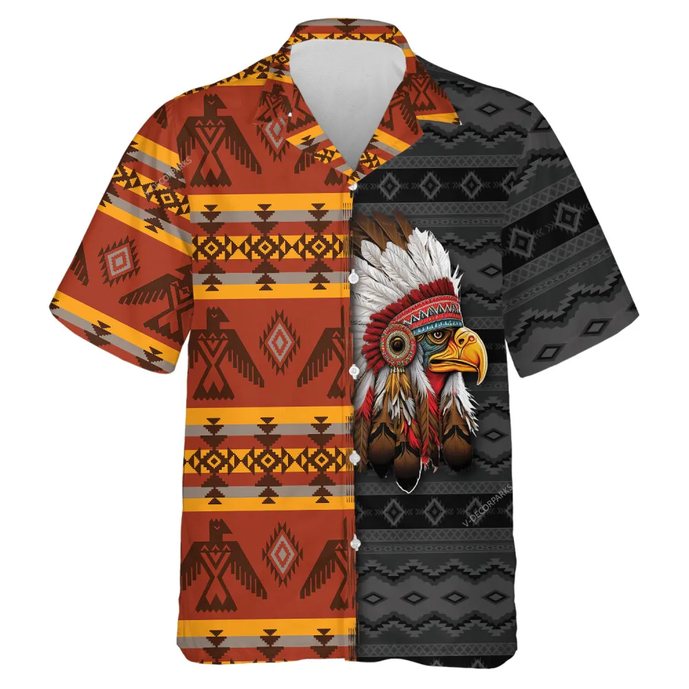 Half N Half Colored Native Eagle Hawaiian Shirt For Men Women, Indigenuos America Bird Pattern Aloha Beach Shirts, Animal Love Mens Button Down Shirt