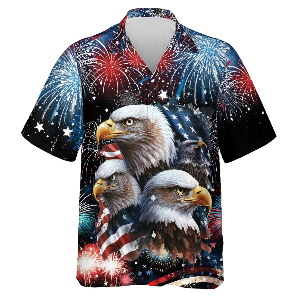 Independence Day Usa Eagles Hawaiian Shirt For Men Women, 4th Of July Ceremony Aloha Beach Shirts, Firework Pattern Mens Button Down Shirt
