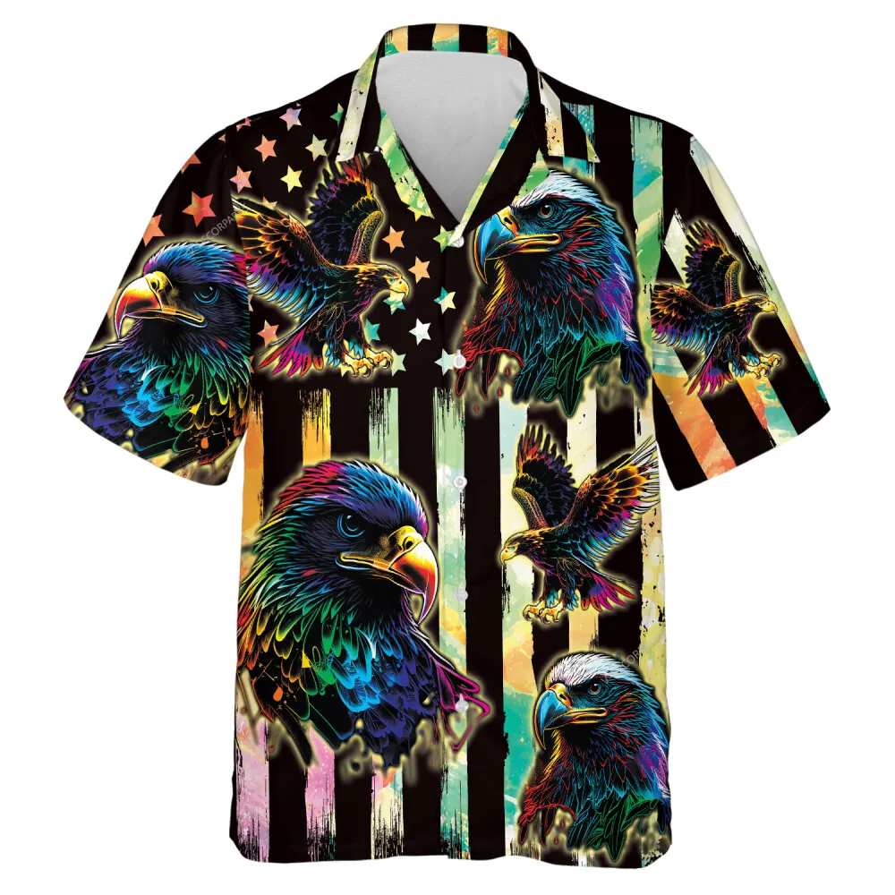 Multiple Neon Eagles Hawaii Shirt For Men Women, Monogram American Flag Printed Aloha Beach Shirts, Stripped Unisex Button Down Shirt