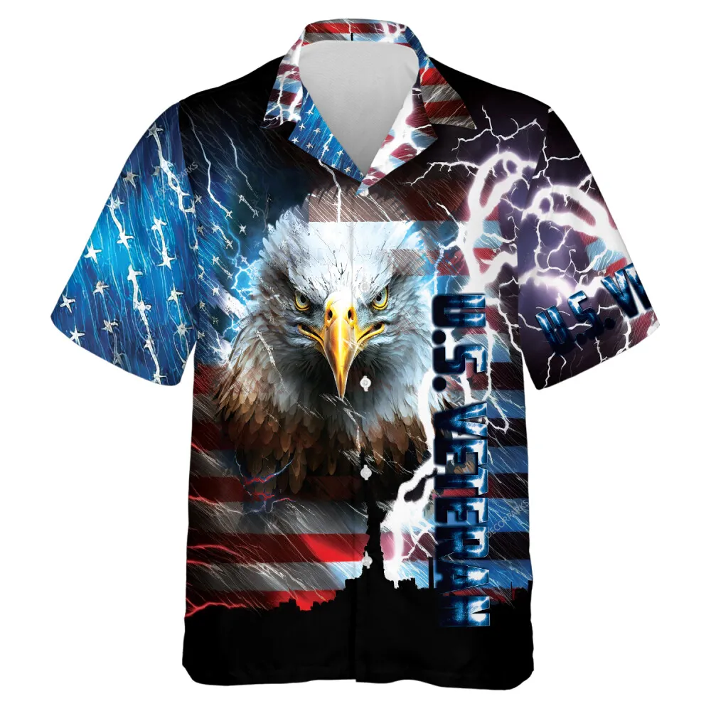 Fierce Eagle In Us Military Mens Hawaiian Shirt, Usa Veteran Pattern Aloha Shirts, Thunderstorm Printed Mens Button Down Shirt, Usa Flag Clothing
