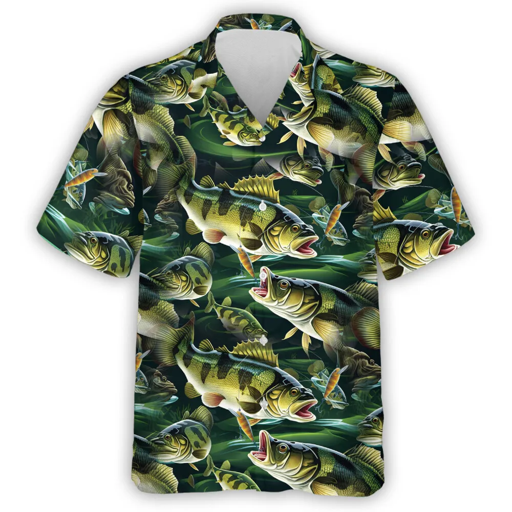 Fishing Short Sleeve Hawaiian Shirt, Fish 3d Printed Unisex Shirt, Mens Button Down Shirt, Casual Hawaiian Shirt, Collared Aloha Shirt