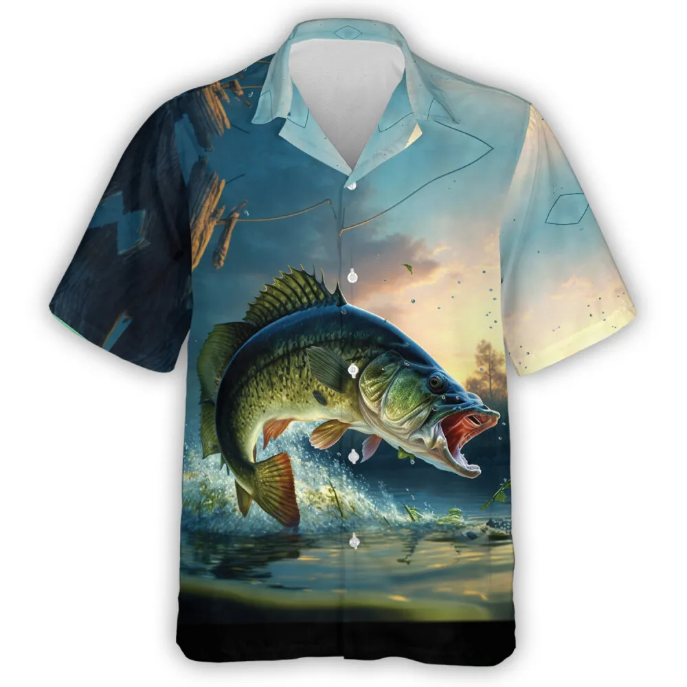 Bass Fishing Summer Men And Women Hawaiian Shirt, Ocean-themed Aloha Shirt, Breathable Hawaiian Shirt, Fishing Lover Couple Top