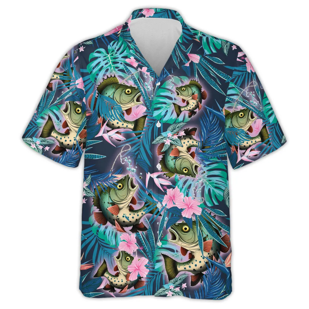 Vintage 90s Fishing Hawaiian Printed Shirt, Tropical Forest Aloha Beach Shirts, Fishing Lover Technically Printed Shirt, Leaves Aesthetic Hawaii Shirt