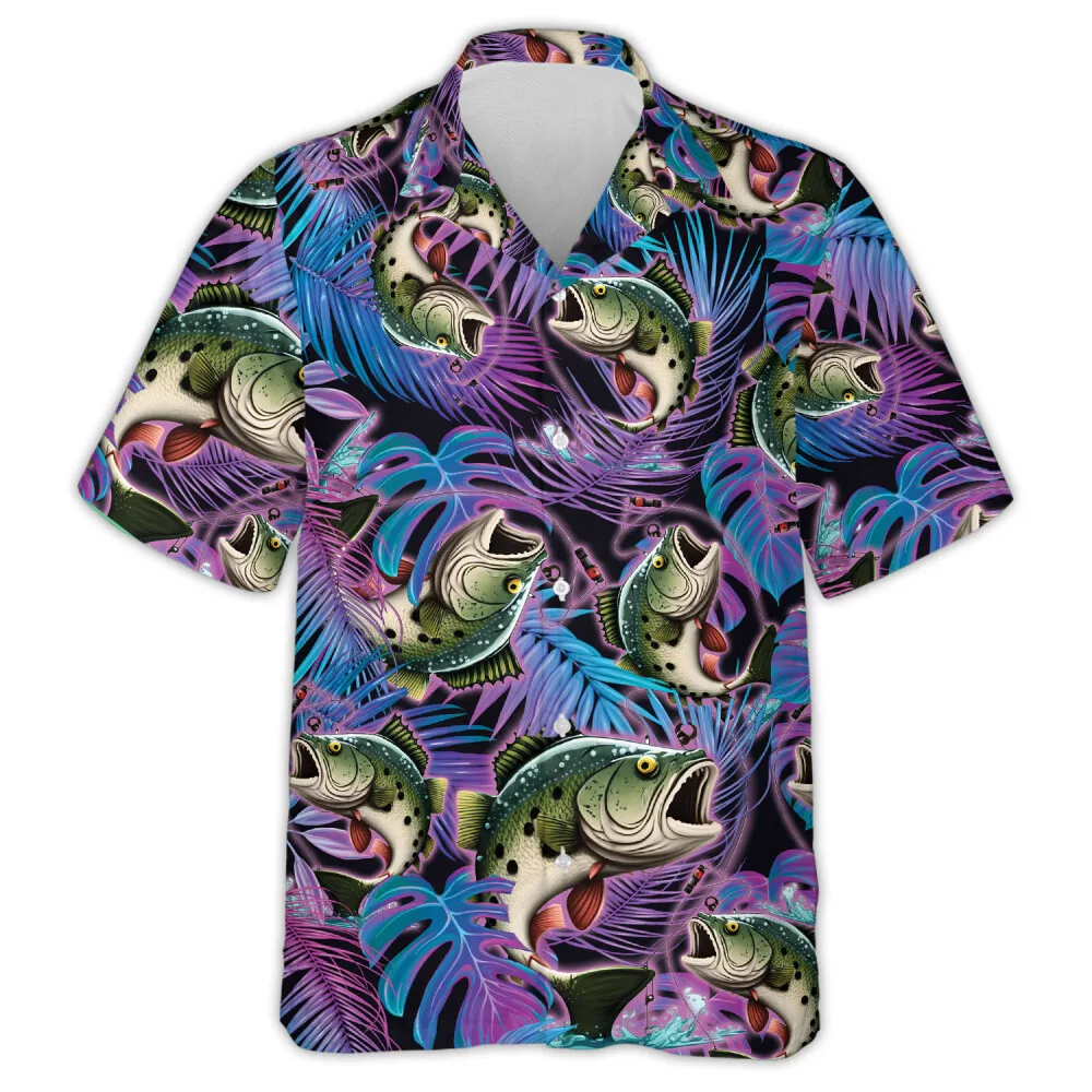 Tropical Bass Fish Hawaiian Unisex Shirt, Hawaii 3d All Over Printed Shirt, Hooked Fish Aloha Shirts, Beach Party Matching Shirts For Family