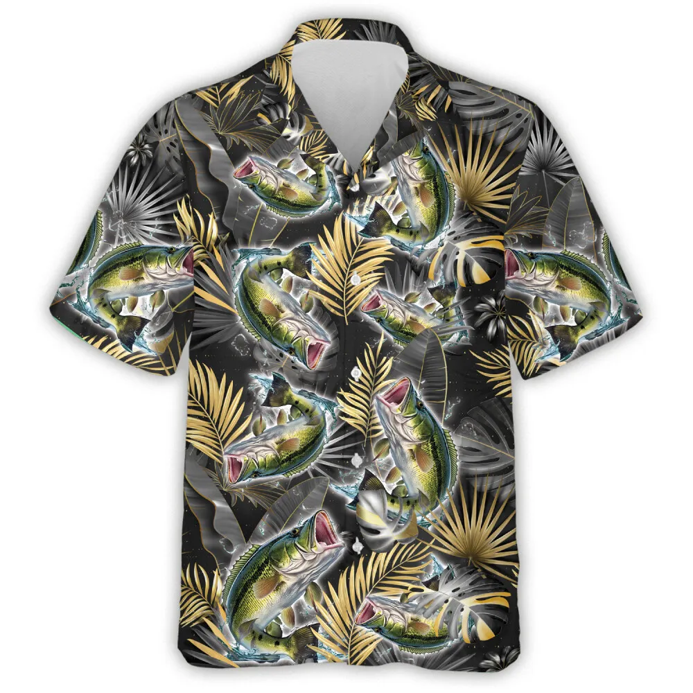 Groovy Bass Fish 3d Hawaiian Shirt, Tropical Leaves Pattern High Quality Shirt, Summer Aloha Beach Shirts, All Over Printed Unisex Shirt