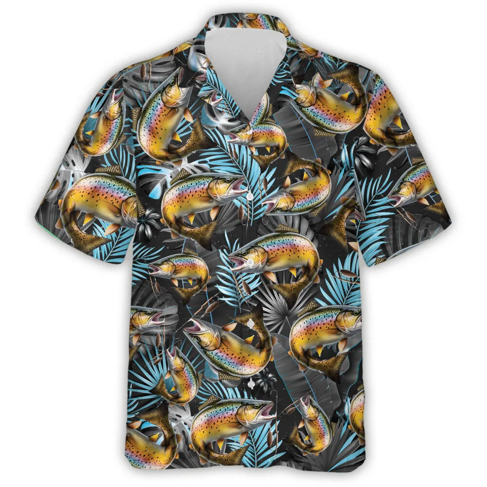 Funky Trout Adult Hawaiian Printed Short Sleeve, Tropical Casual Button Down Shirt, Summer Vibe Unisex Shirt For Family, Hawaiian Shirts For Men Women