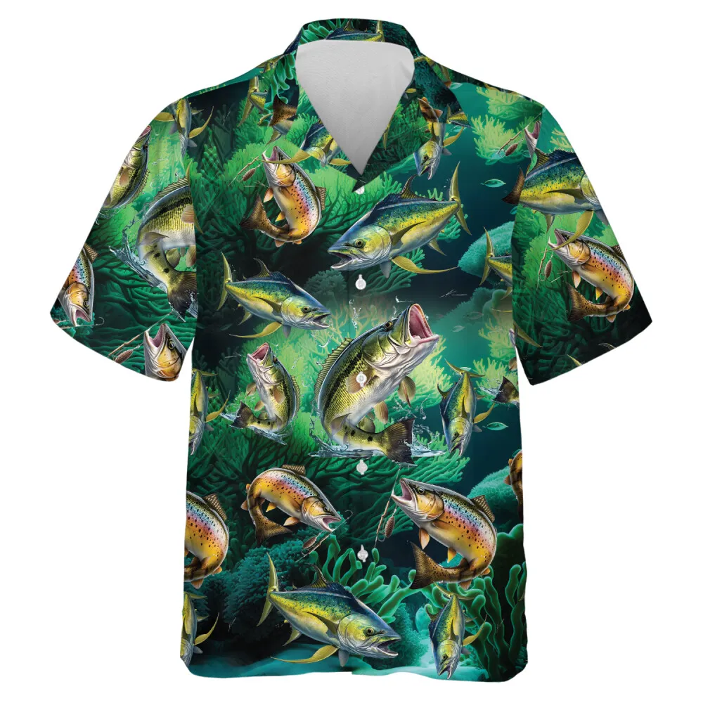 Fish Printed Travelling Hawaiian Shirt For Men Women, Green Coral Reefs Aloha Beach Shirts, Casual Hawaiian Family Wear, Button Down Shirt For Summer