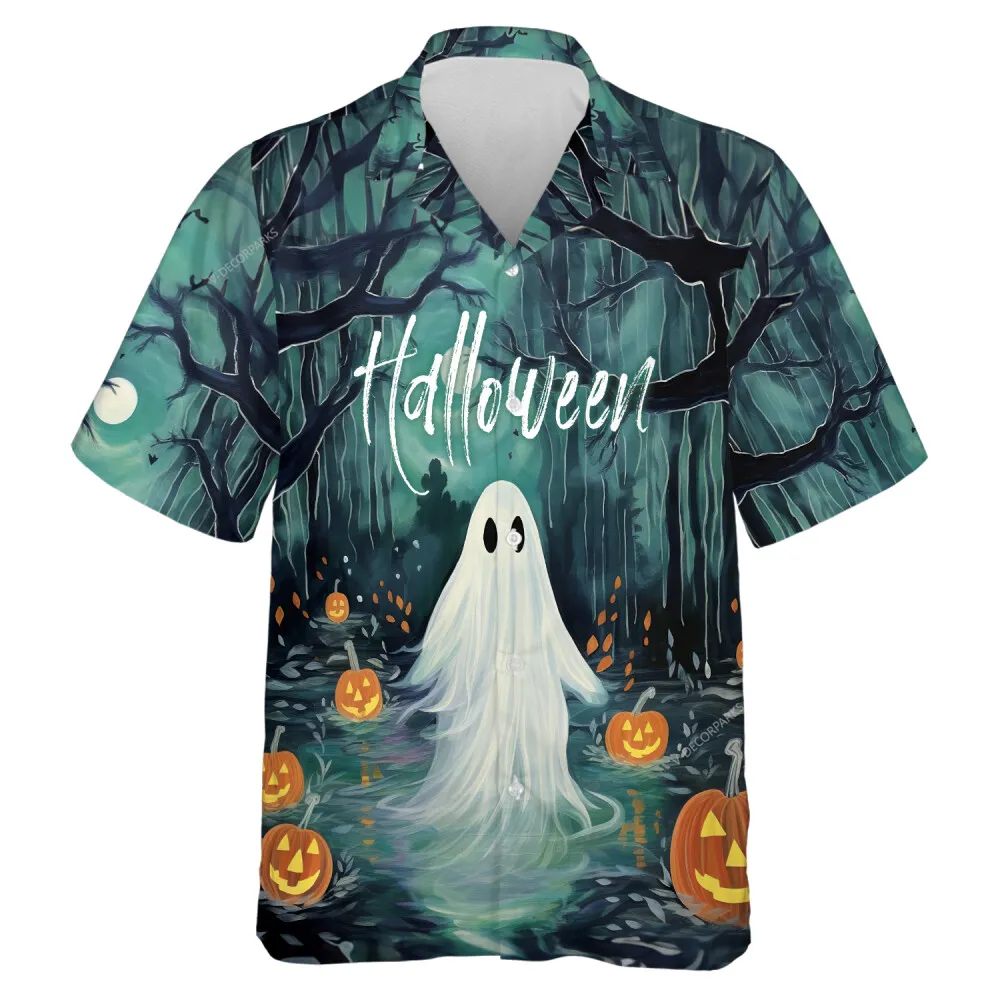 Spooky Halloween Pattern Unisex Hawaiian Shirt, Scary Pumpkin Aloha Beach Button Down Shirt, Water Demon Haunted Clothing, Forest Night Printed Top