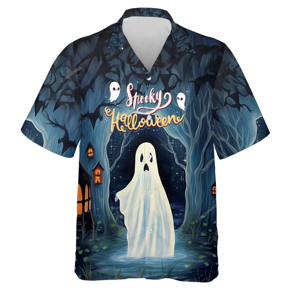 Creepy Boo Devil Men Hawaiian Shirt, Spooky Halloween Text Aloha Beach Shirt, Mysterious Forest Printed Clothing, Unisex Top