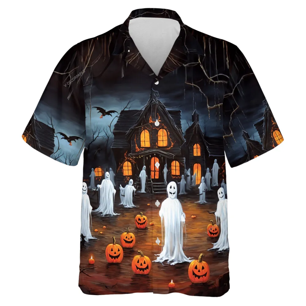 Scary Spook House Men Hawaiian Shirt, Halloween Party Aloha Shirt, Dark Mansion In The Field Designed Top, Tree Branches Pattern
