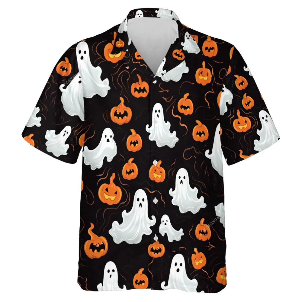 Ghost And Scary Pumpkins Mens Hawaii Shirt, Halloween Patterned Aloha Button Down Shirt, White Flying Spirit At Night Printed Clothing