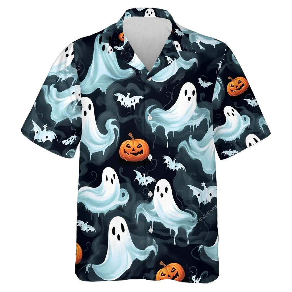 Ghost In The Darkness Unisex Hawaiian Shirt, Carved Pumpkin Pattern Aloha Button Down Shirt, Spooky Flying White Shadow Pattern Clothing