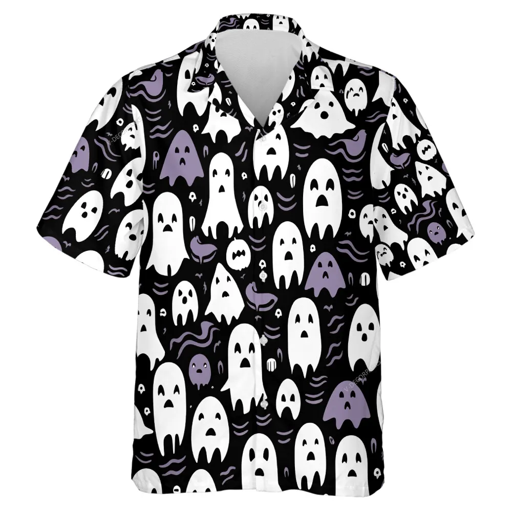 Adorable Ghost Unisex Hawaiian Shirt, Happy Halloween Aloha Button Down Shirt, Wicked Souls Pattern Top, Miserable Spirit Printed Clothing