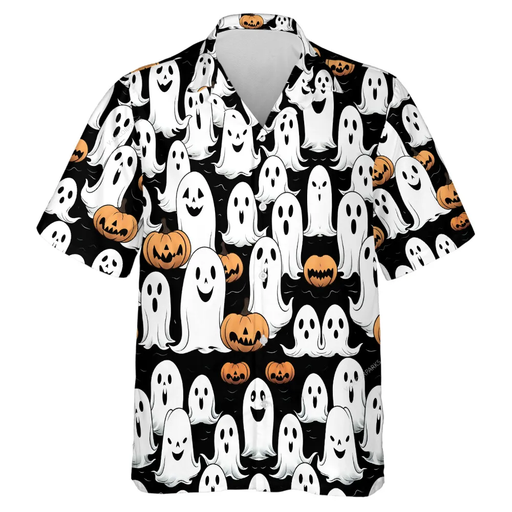 Diverse Ghost Facial Expression Men Hawaiian Shirt, Spooky Pumpkin Aloha Beach Button Down Shirt, Halloween Traditional Printed Clothing