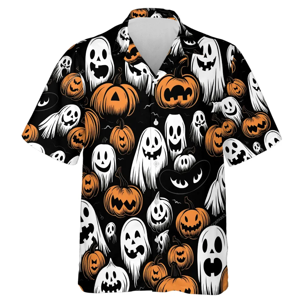 Scary Ghost And Sculptured Pumpkin Unisex Hawaii Shirt, Halloween Party Aloha Beach Button Down Shirt, Haunting Night Life Patterned Clothing
