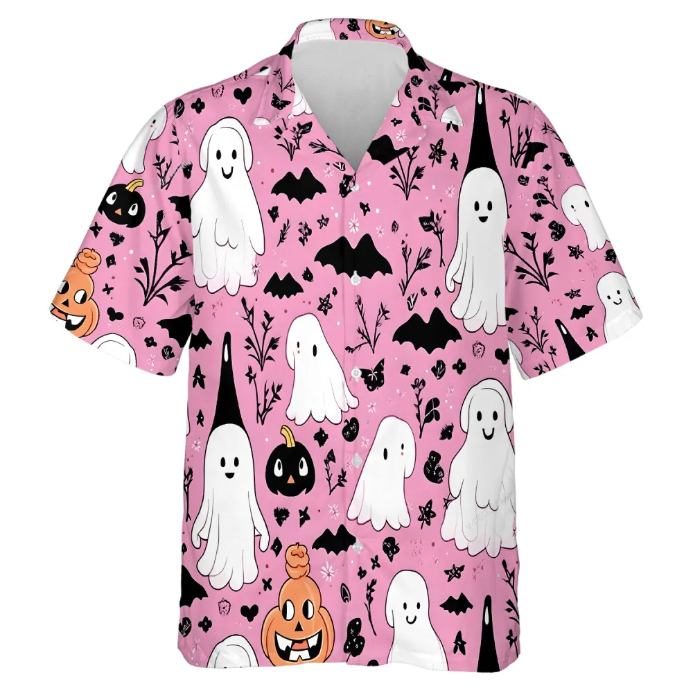 Adorable Ghost Men Hawaiian Shirt, Halloween Day Aloha Beach Button Down Shirts, Animated Halloween Objects Printed Clothing, Unisex Wear