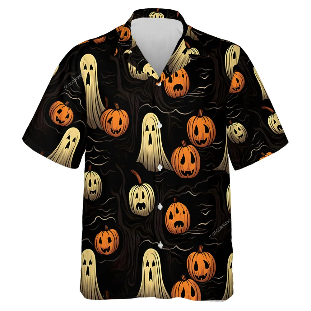 Spooky Ghost Pumpkin Men Hawaiian Shirt, Halloween Night Aloha Beach Button-down Shirts, Scary White Shadow Halloween Clothing