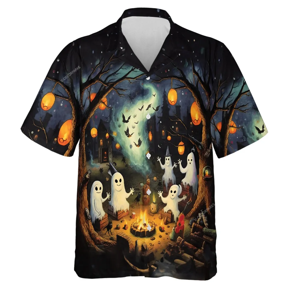 Scary Ghost Family Unisex Hawaiian Shirt, Happy Halloween Holiday Aloha Beach Button-down Shirts, Spooky Night Forest Printed Top
