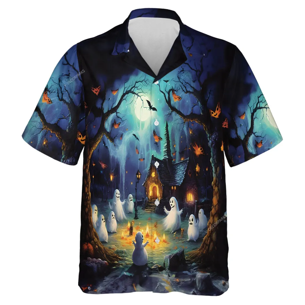 Spooky Ghost Campfire Hawaiian Shirt, Scary Pumpkin Aloha Unisex Shirts, Shadow Gathering At Night Printed Clothing, Relaxed Mens And Womans Wear