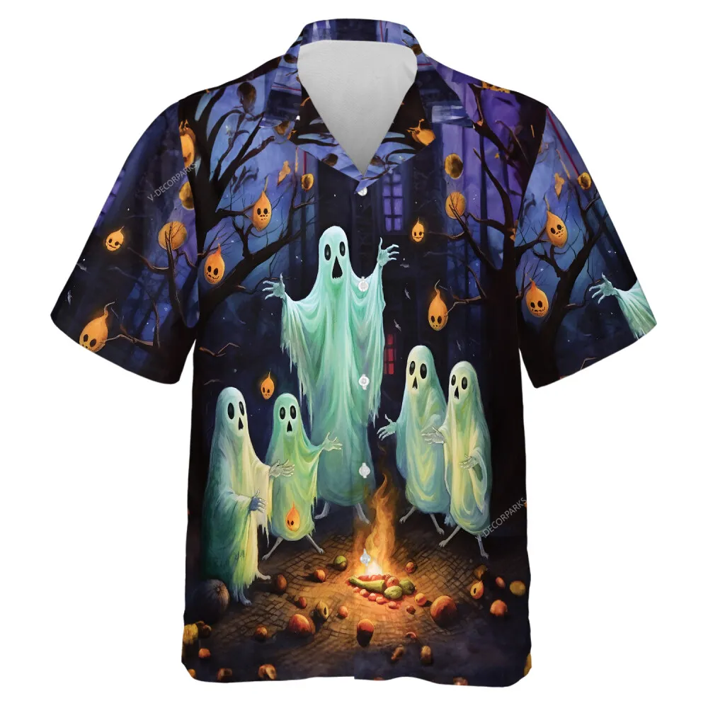 Creepy Mysterious Shadow Unisex Hawaiian Shirt, Spooky Halloween Storyteller Aloha Beach Button-down Shirts, Ghastly Sculptured Pumpkin Printed Top