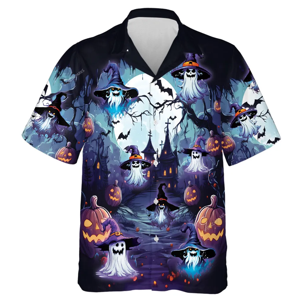 Scary Floating Ghost Pumpkins Men Hawaiian Shirt, Halloween Pattern Aloha Beach Button-down Shirts, Spooky Halloween Witch Clothing, Party Fashion