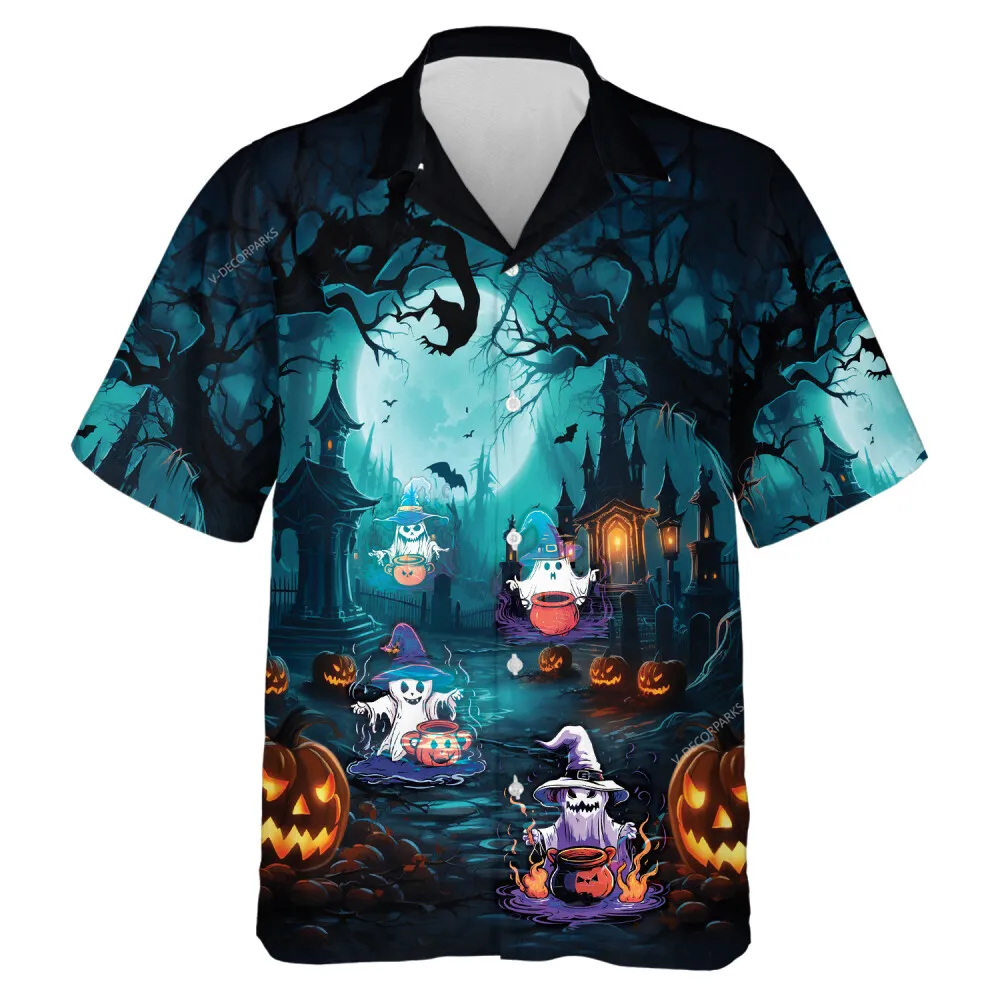 Witch Evil Soul Everyone Hawaii Shirt, Ghost In Halloween Party Aloha Beach Button-down Shirts, Forest Unidentified Object Pattern Clothing