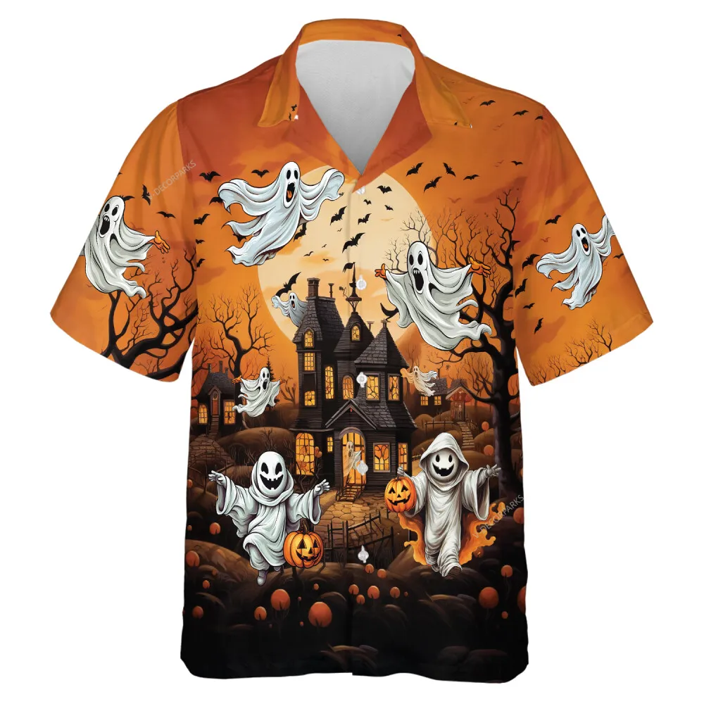 Scary Flying Ghost Mens Hawaiian Shirt, Halloween Witch Castle Aloha Beach Button-down Shirts, Pumpkin Lantern Patterned Shirt, Halloween Gift