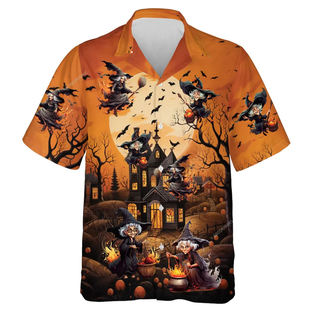 Halloween Flying Witch Mens Hawaiian Shirt, Spooky Witch House Aloha Beach Button-down Shirts, Halloween Signature Clothing