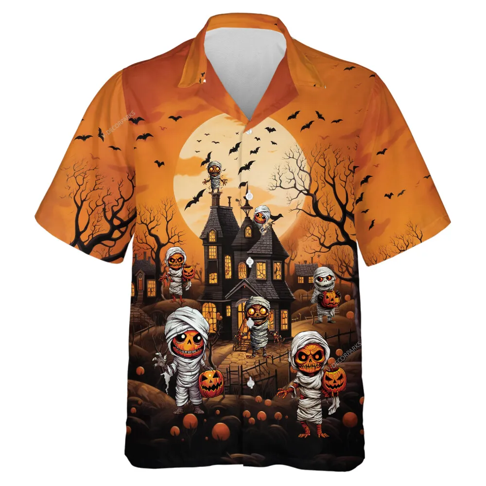 Halloween Pumpkin Head Mummy Men Hawaiian Shirt, Scary Lantern Aloha Beach Button-down Shirts, Unisex Wear For Halloween Night