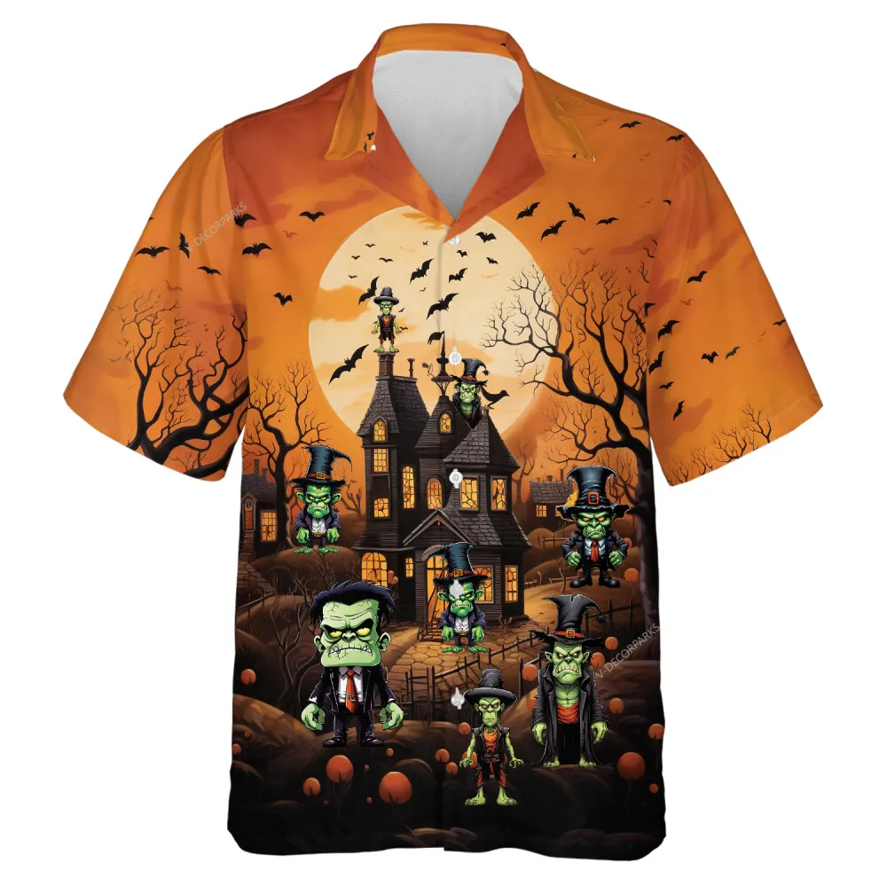 Scary Green Frankenstein Mens Hawaiian Shirt, Halloween Horror Movie Characters Aloha Shirts, Halloween Party Casual Mens Wear, Creepy Printed Shirt