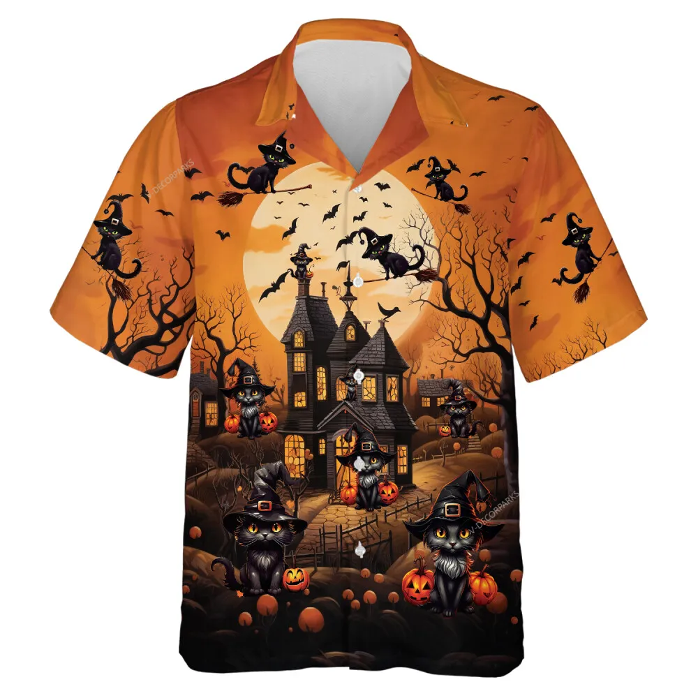 Black Wicked Cat In Witchs Dress Halloween Unisex Hawaiian Shirt, Pumpkin Castle Aloha Beach Button Down Shirts, Spooky Cat Riding Broomstick Shirt