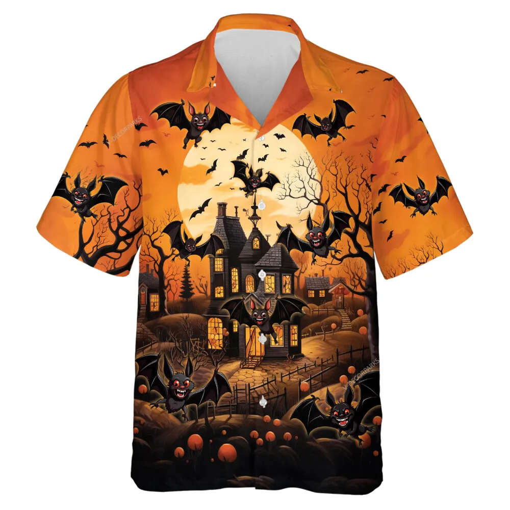 Wicked Witch Castle Halloween Hawaiian Shirt, Horror Forest House Aloha Beach Button-down Shirts, Flying Bat Printed Shirt For Halloween Party