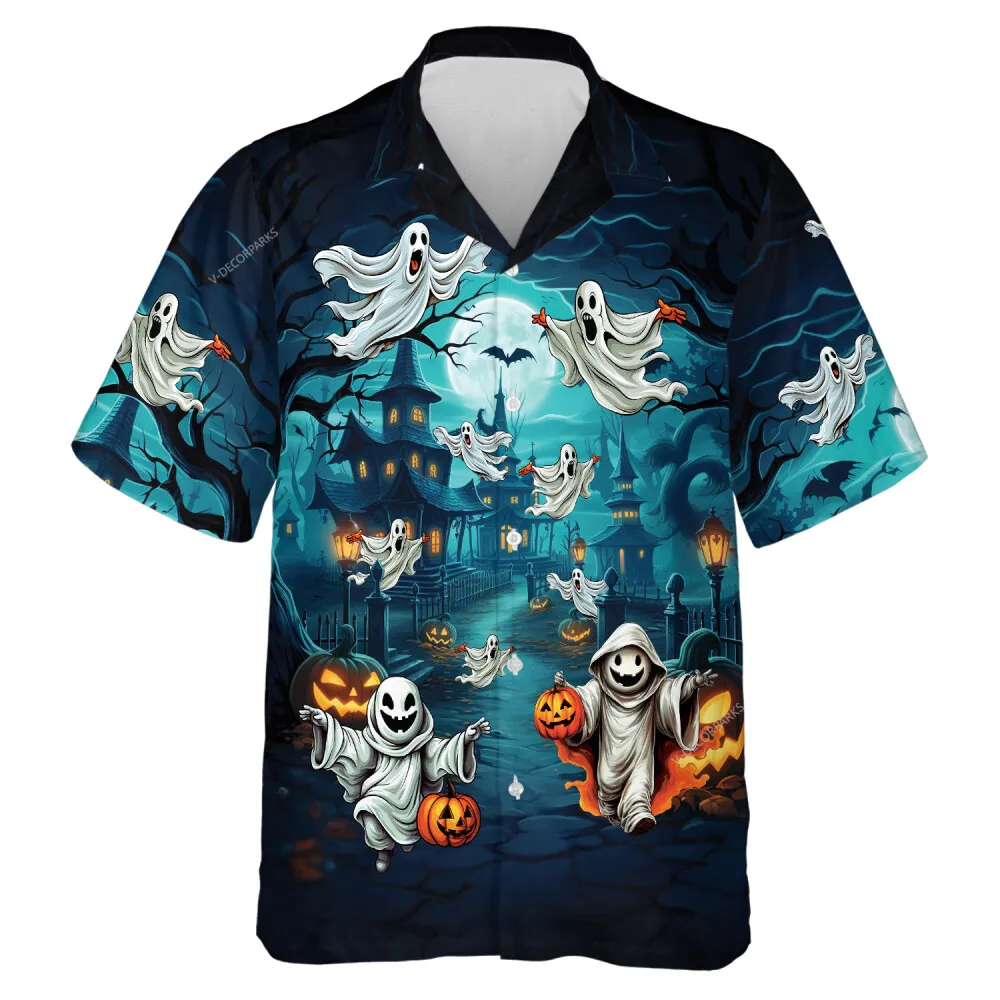 Creepy Flying Ghost Mens Hawaiian Shirt, Halloween Blue Forest Castle Aloha Beach Button-down Shirts, Pumpkin Lantern Patterned Shirt, Halloween Gift