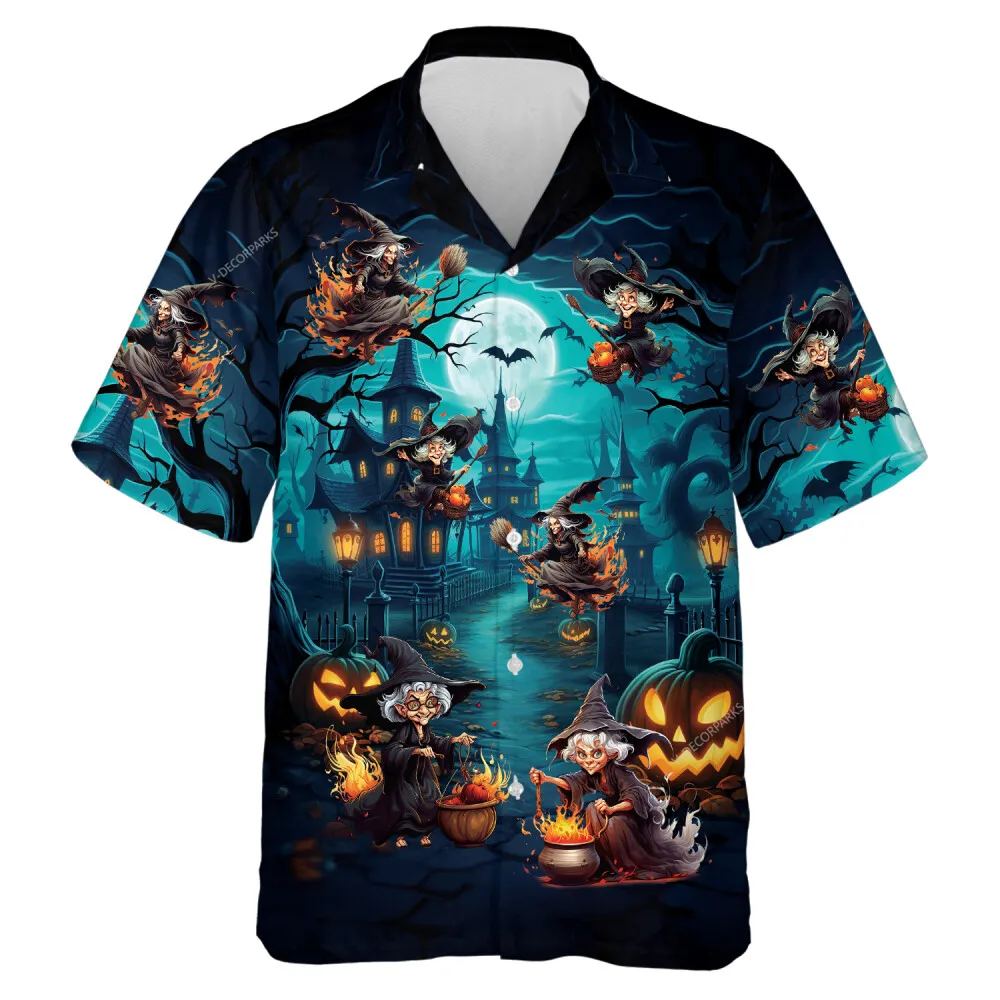 Witch Riding Broomstick Mens Hawaiian Shirt, Spooky Blue Nightfall Aloha Beach Button-down Shirts, Halloween Signature Clothing