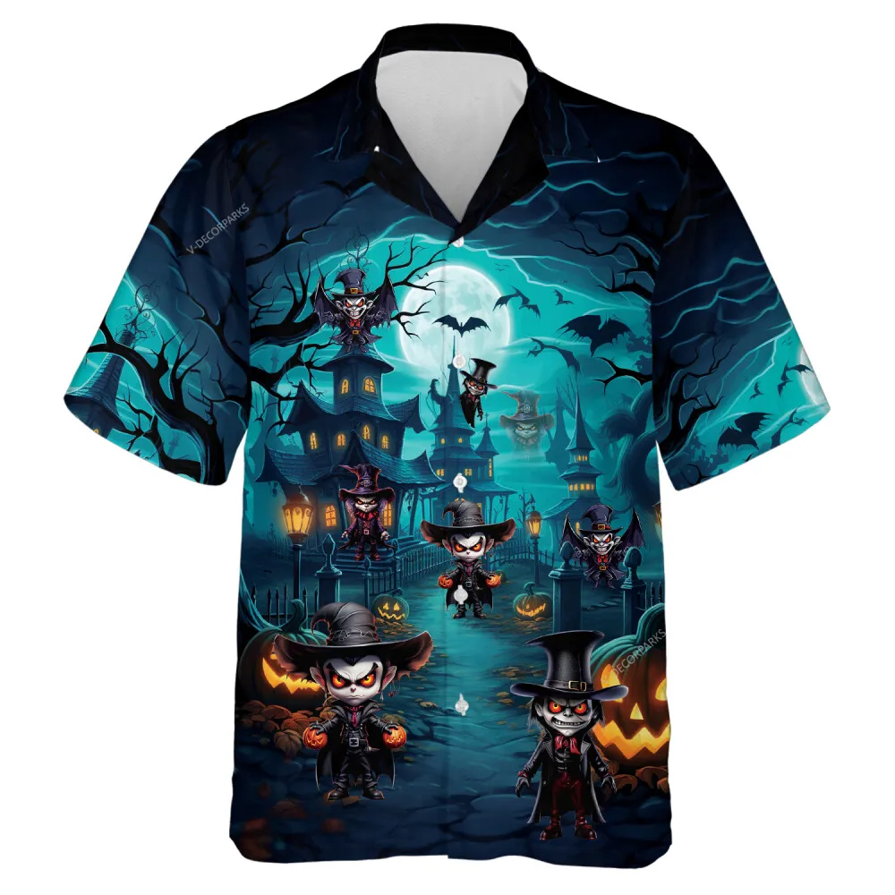Funny Witch Halloween Aloha Beach Button-down Shirts, Red Eyes Vampire In Blue Moonlight Halloween Unisex Hawaiian Shirt, Casual Clothing For Everyone