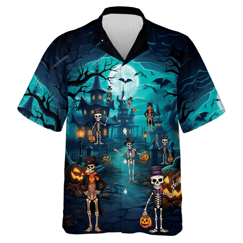 Halloween Funny Skeleton Hawaiian Shirt For Men And Women, Blue Halloween Pumpkin Aloha Beach Shirts, Moonlight Halloween Party Wear