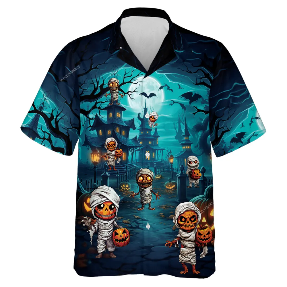 Halloween Pumpkin Lantern Mummy Men Hawaiian Shirt, Scary Sculptured Pumpkin Head Aloha Beach Button-down Shirts, Unisex Wear For Halloween Night