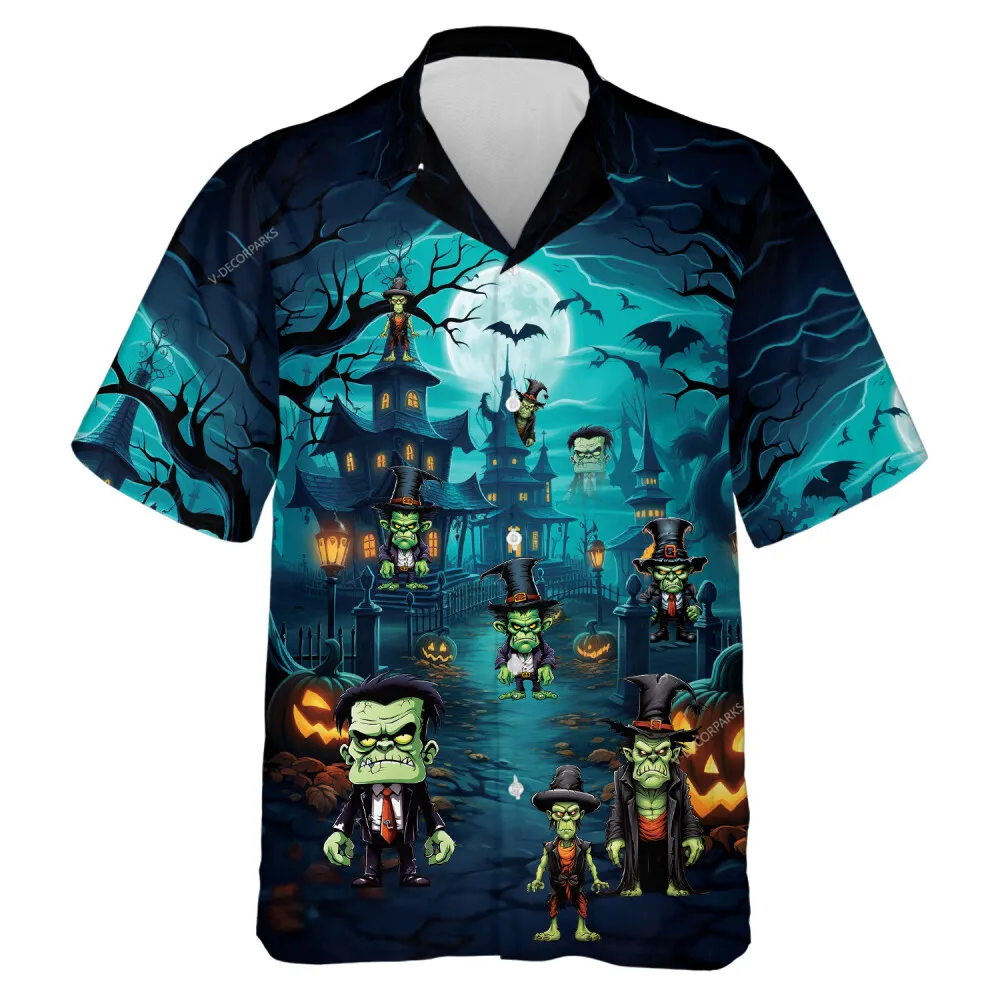 Creepy Green Monster Mens Hawaiian Shirt, Halloween Horror Movie Villains Aloha Shirts, Halloween Party Casual Mens Wear, All Over Printed Shirt